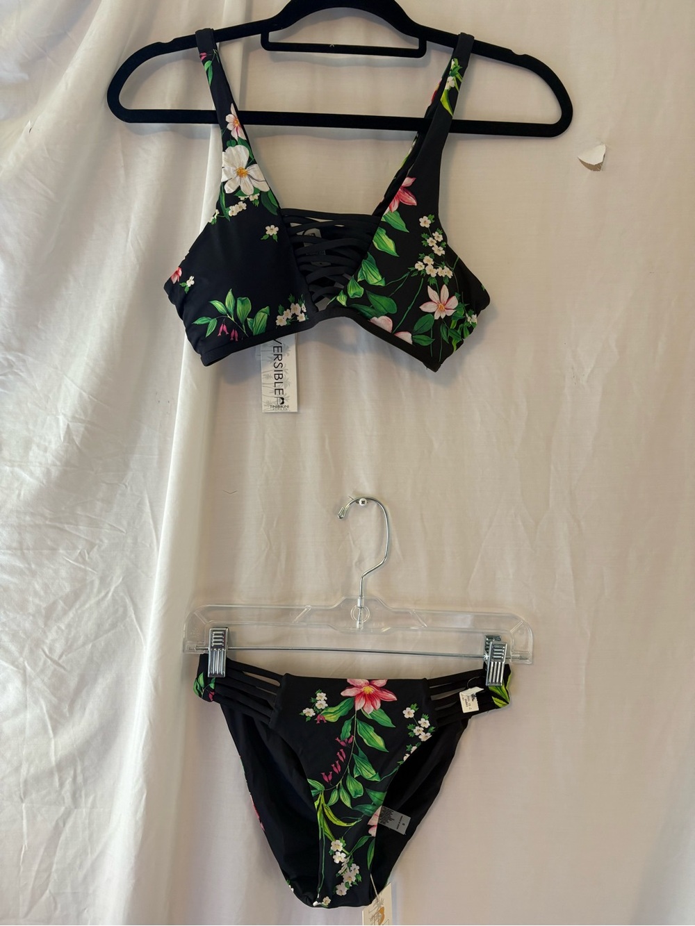 TiniBikini Black Floral Lace-Up Two-Piece Swim Set with Green & Pink